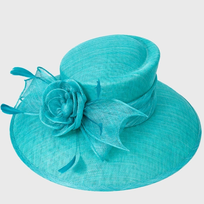 Turquoise sinamay hat featuring a delicate floral rose, a stunning choice for spring events or brunch gatherings.