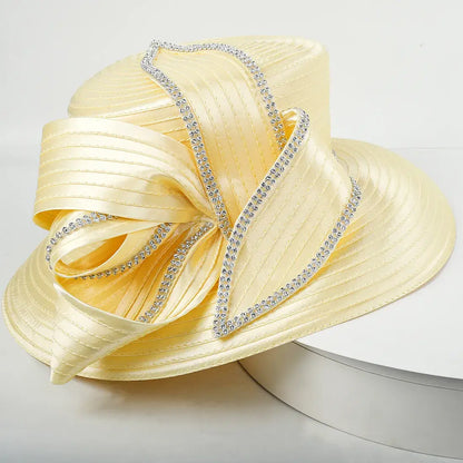 Side view of yellow satin church hat with sparkling rhinestone bow detail, ideal for formal church and formal events.