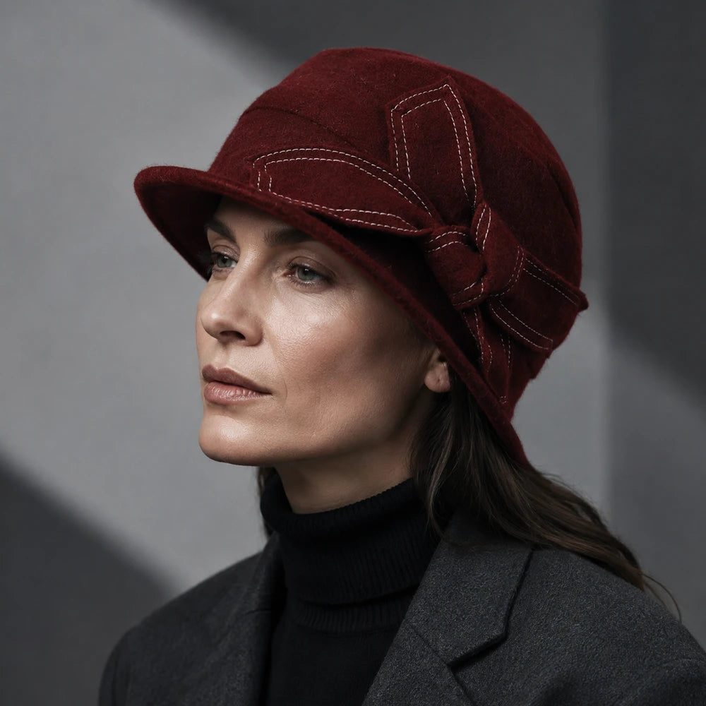 Claret women’s wool felt cloche hat with contrast-stitched side bow