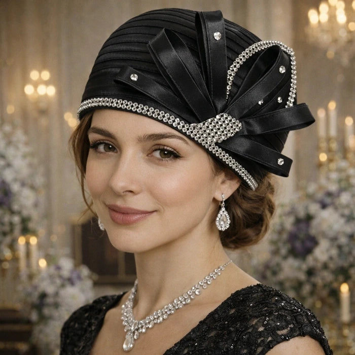 Classic black satin church hat with diamond rhinestone embellishments, perfect for a formal look at church or weddings.