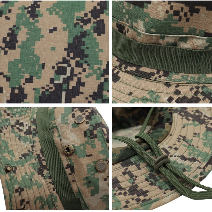 Classic camouflage boonie hat with a wide brim for sun protection. Made from unisex cotton fabric, ideal for outdoor activities like fishing, hunting, and camping.