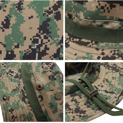 Classic camouflage boonie hat with a wide brim for sun protection. Made from unisex cotton fabric, ideal for outdoor activities like fishing, hunting, and camping.
