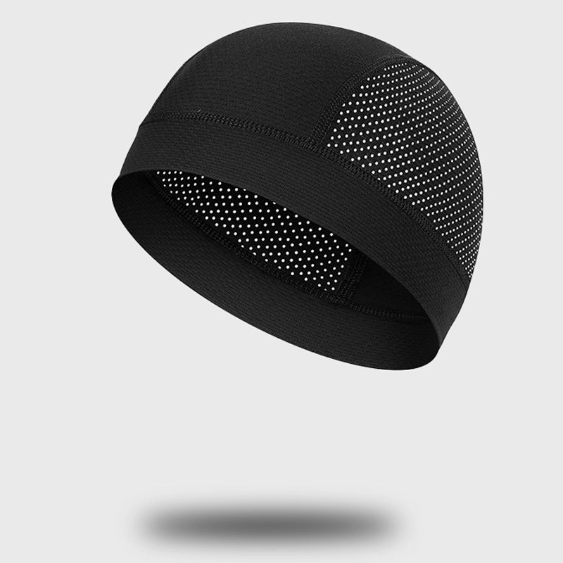 Black cooling beanie and helmet liner for exercise, designed with moisture-wicking fabric to keep you dry.