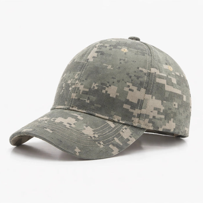 Dark green digital camouflage cotton baseball hat, designed for durability and comfort during outdoor sports or casual wear.