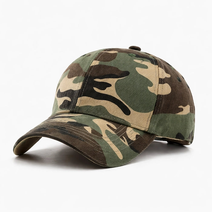 Dark green camouflage cotton baseball cap with a curved brim, perfect for outdoor sports and casual wear. Durable and stylish for active individuals.