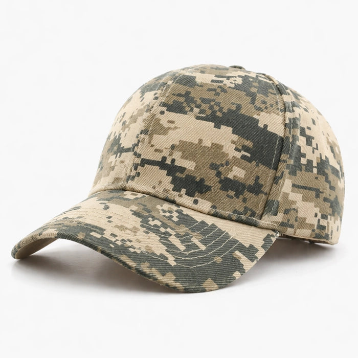 Khaki camouflage cotton baseball hat featuring a structured brim, designed for style and outdoor functionality. Ideal for casual and athletic wear.