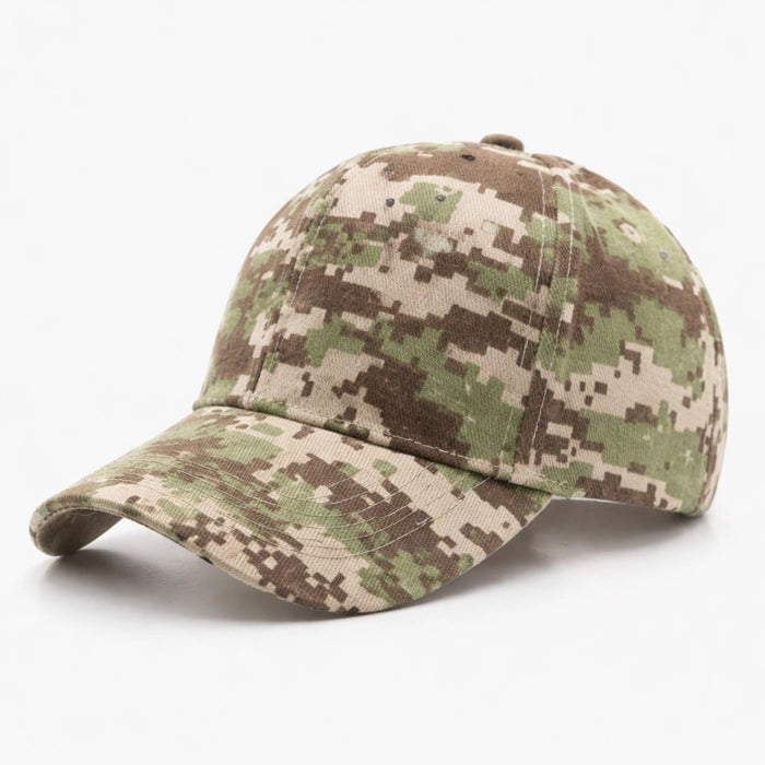 Olive green camouflage cotton baseball cap, a versatile accessory for everyday wear or outdoor activities.