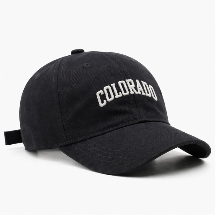 lack baseball cap with 'COLORADO' embroidered in white, perfect for casual streetwear and outdoor adventures.