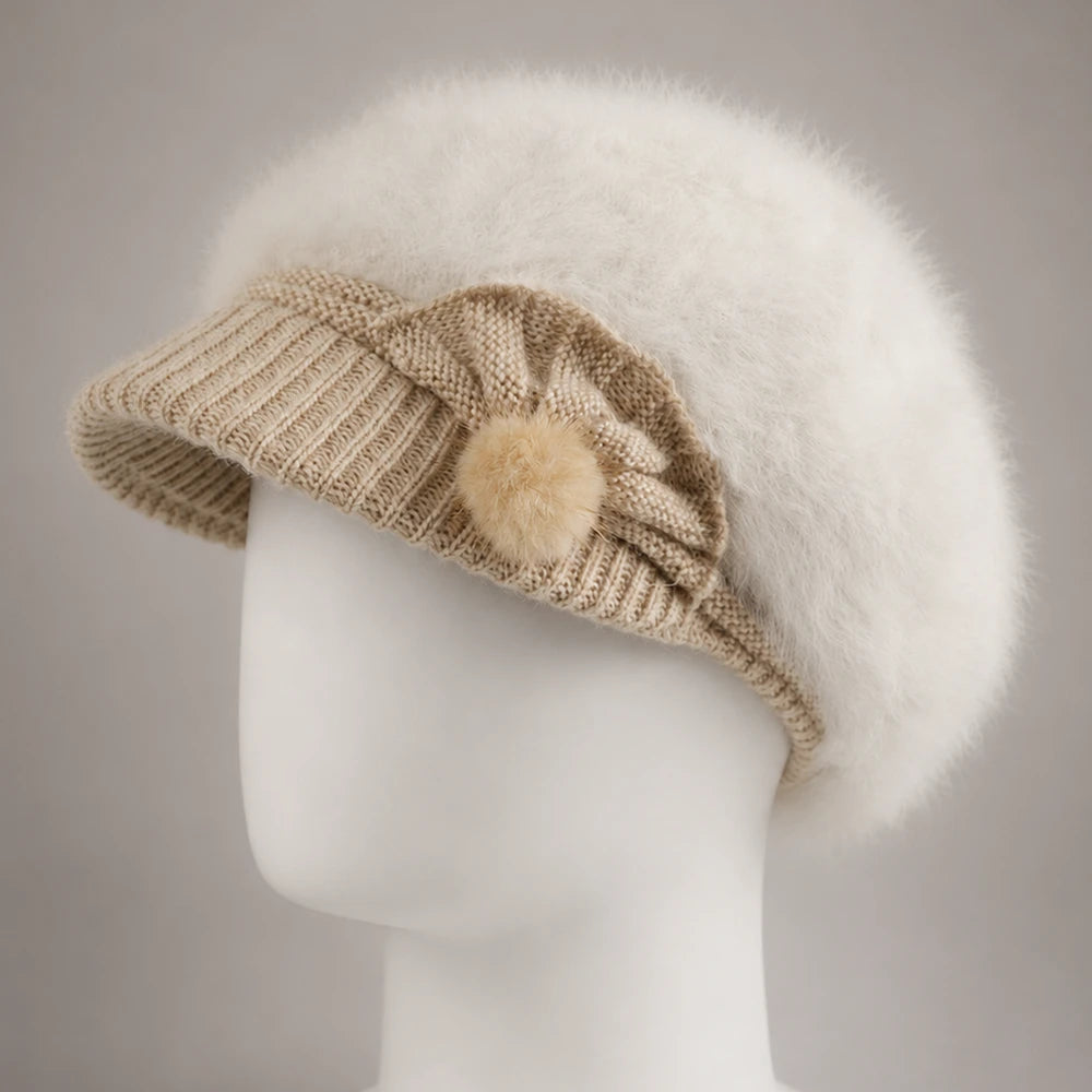 Cream women’s angora-blend knit visor beanie with fixed side decoration
