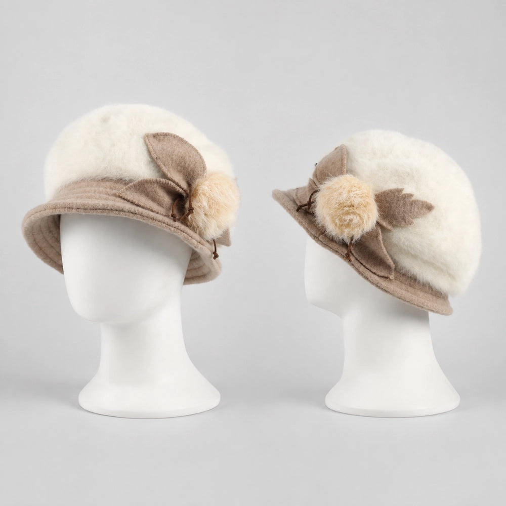 Front and side views of a cream Angora cloche hat showing its rounded crown and brim