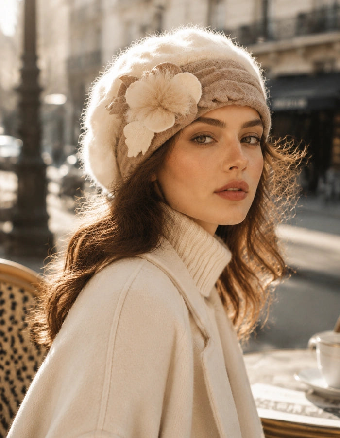 Cream angora wool beret with flower accent styled for cozy cafe winter outfit