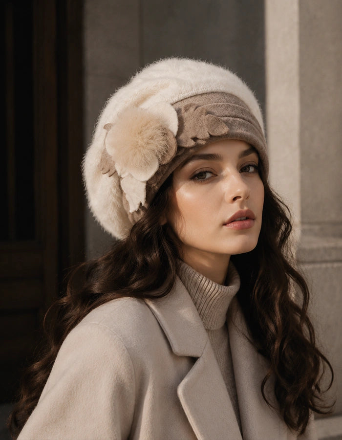 Cream angora wool beret with soft flower detail for elegant neutral winter outfit