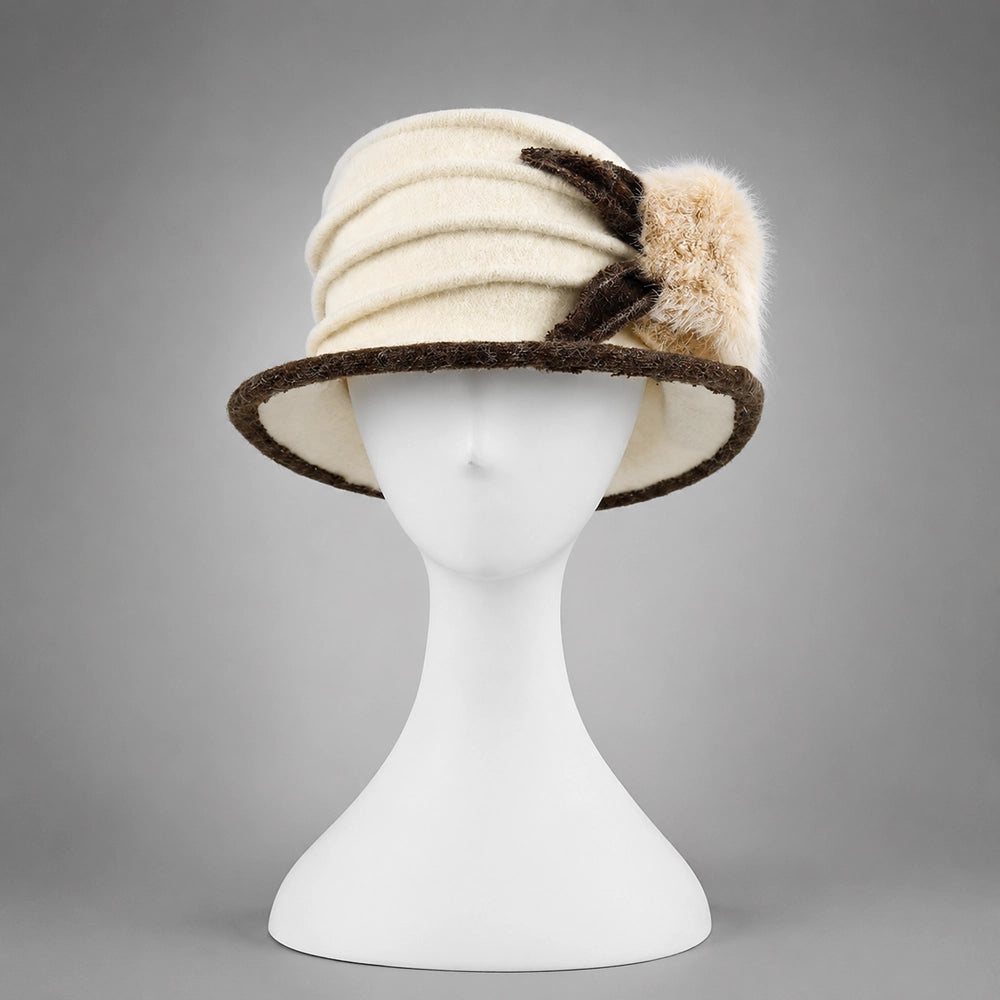 Cream women’s boiled wool cloche hat with contrasting brim and fuzzy pom