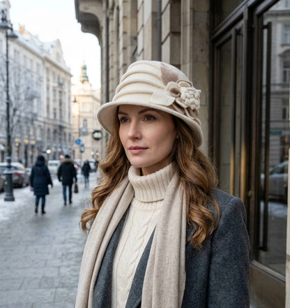 Woman wearing a cream floral wool cloche hat with a winter coat and scarf