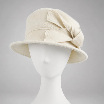 Cream wool felt cloche hat with fixed contrast-stitched side bow