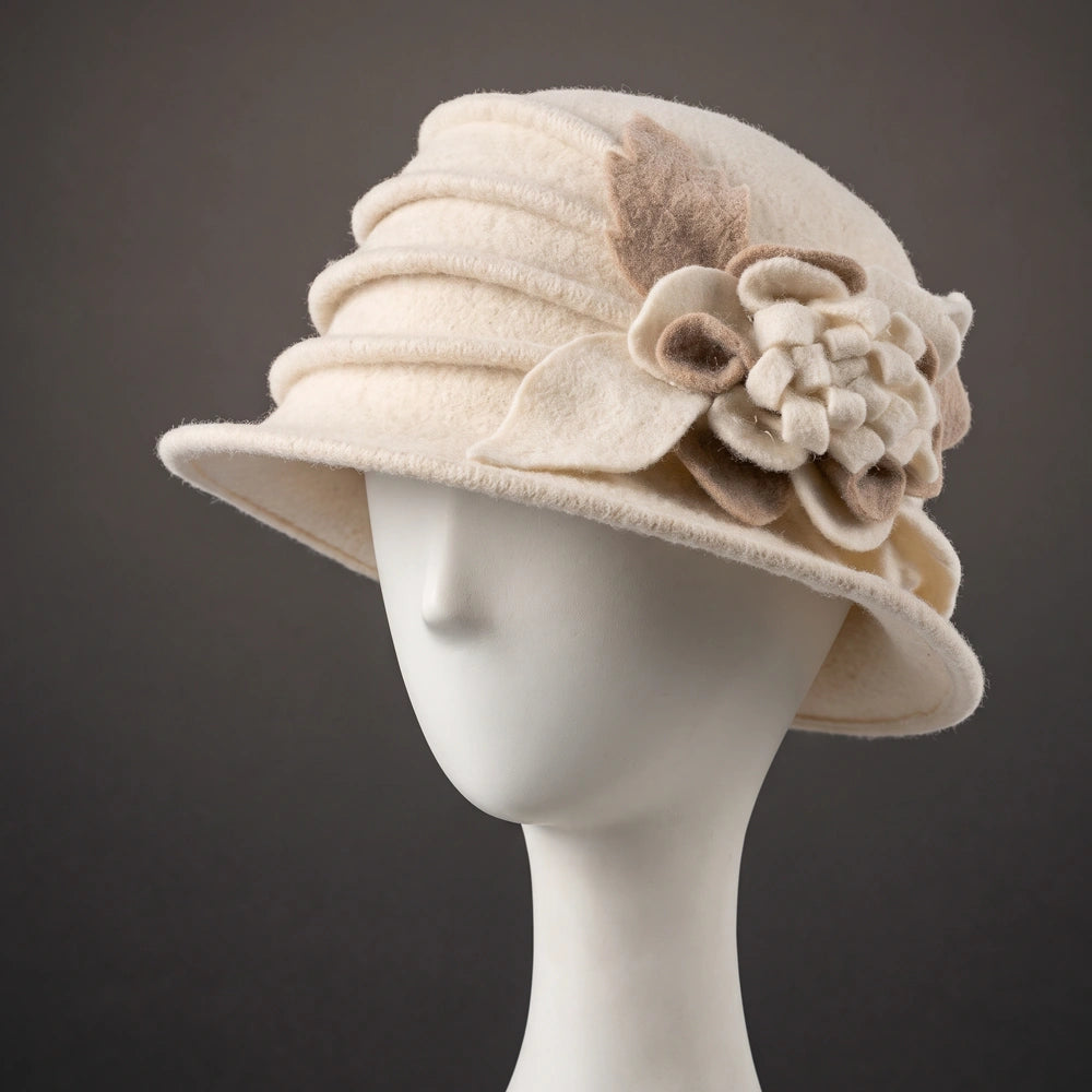 Cream wool felt cloche hat with a ruched crown and tonal floral detail