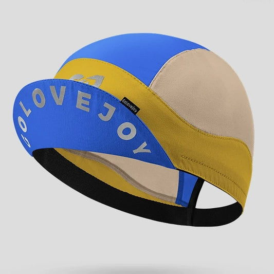 blue and yellow lightweight cycling cap with visor, breathable, quick-dry fabric, and sun protection for summer cycling and outdoor activities.