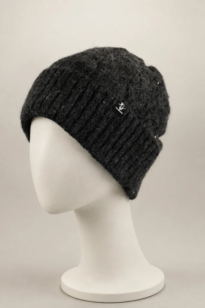 Dark gray fuzzy sequin cuffed beanie displayed on a matte white mannequin.
