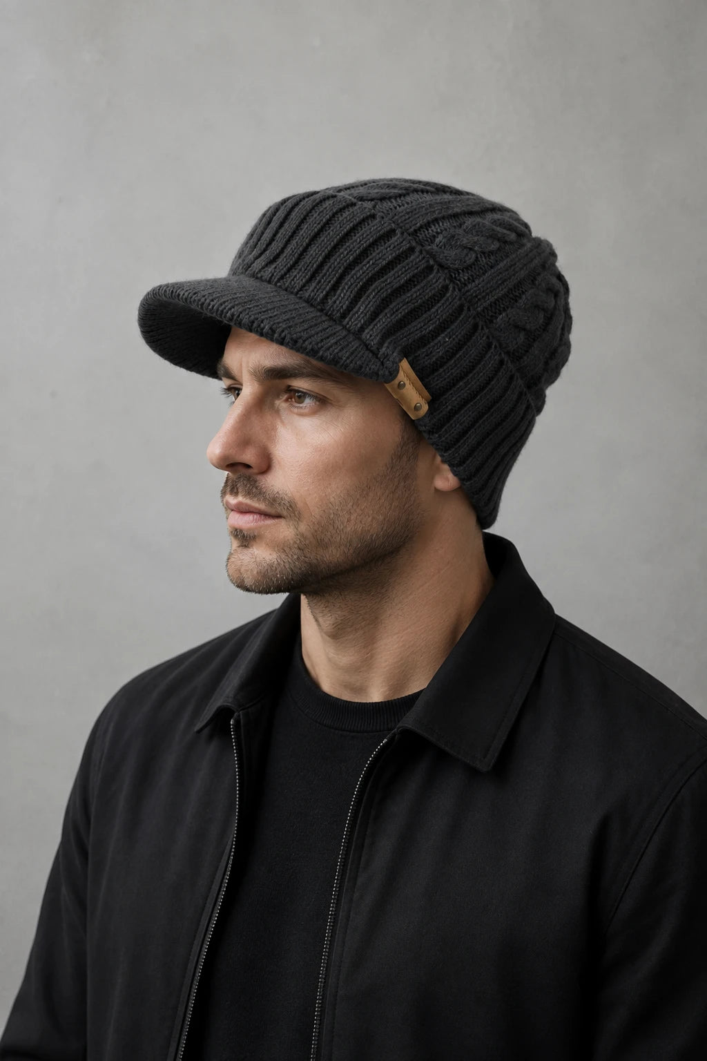 Man wearing a dark gray cable knit visor beanie and black jacket against a gray studio background.