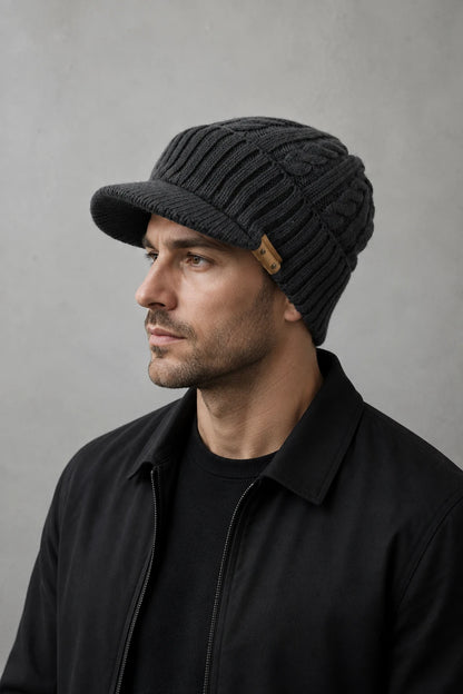 Man wearing a dark gray cable knit visor beanie and black jacket against a gray studio background.