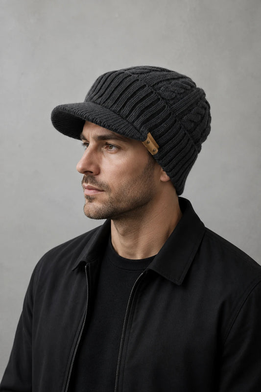 Man wearing a dark gray cable knit visor beanie and black jacket against a gray studio background.