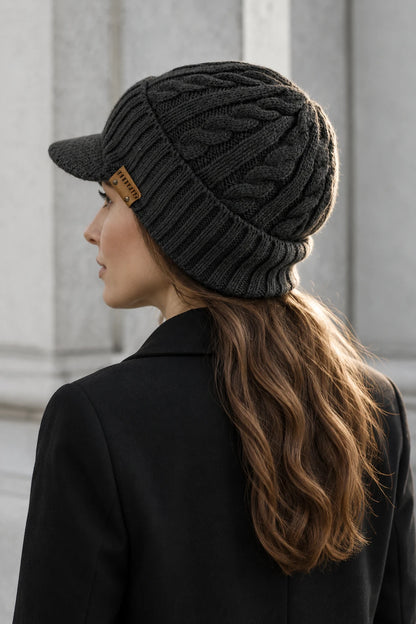 Side-back view of a woman wearing a dark gray cable knit visor beanie with her hair outside the hat.
