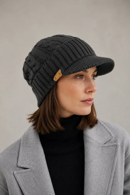 Side profile of a man wearing a dark gray cable knit visor beanie with a soft brim.