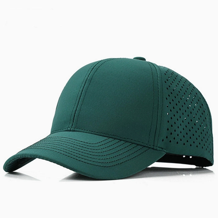Dark green quick-dry casual baseball cap, lightweight with perforated panels for excellent ventilation, perfect for warm weather.