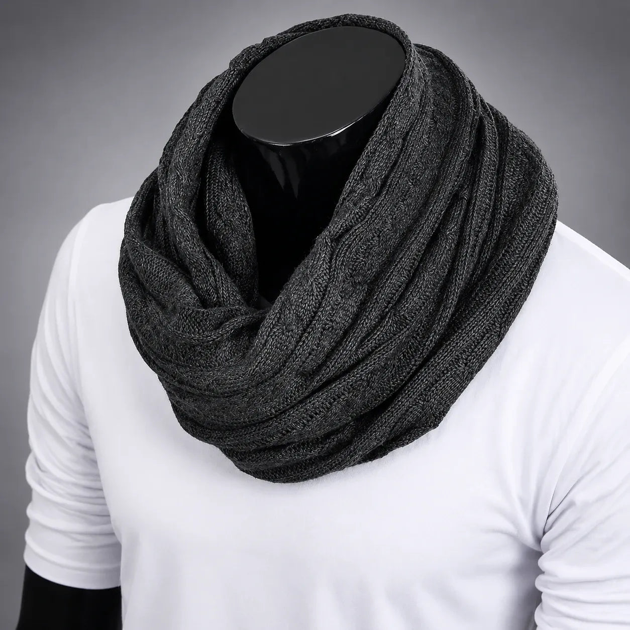 Dark grey knit infinity scarf for men and women, soft warm minimalist winter loop scarf, unisex fashion accessory for everyday cold weather outfits