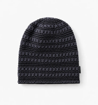 Dark grey luxury slouchy beanie with textured crochet knit pattern and relaxed fit