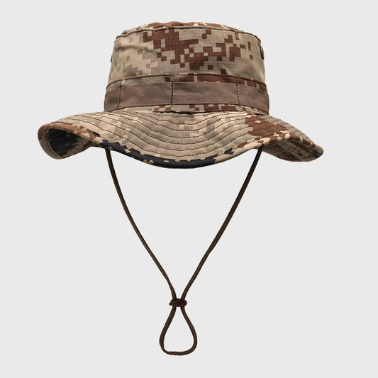 Desert camouflage boonie hat, crafted from cotton ripstop material. A classic military bucket hat for outdoor enthusiasts, providing sun protection during fishing, hunting, or jungle adventures