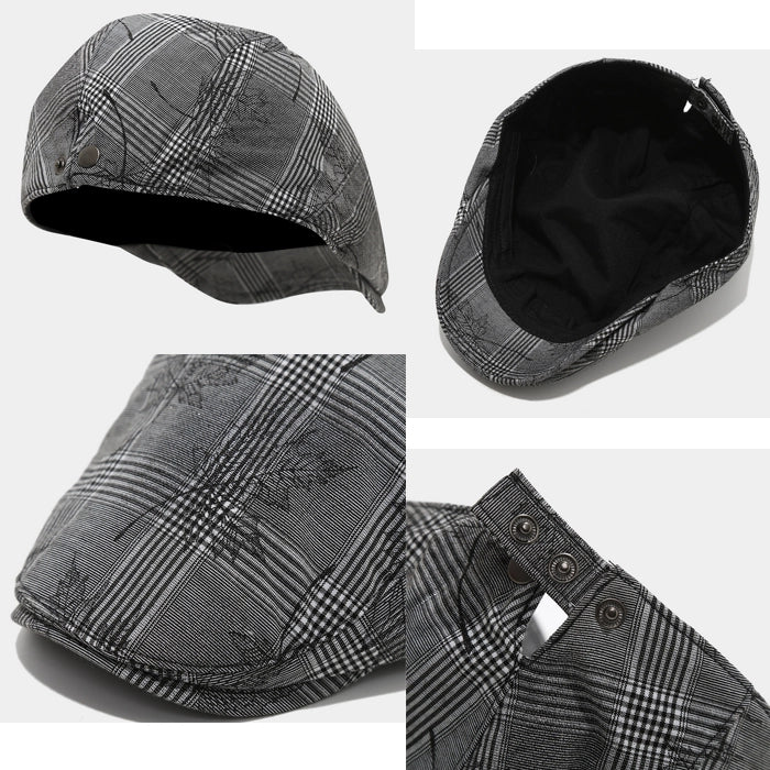 detail plaid flat cap with ivy design, adjustable fit, and a detailed textured checkered pattern, offering a classic and casual style.