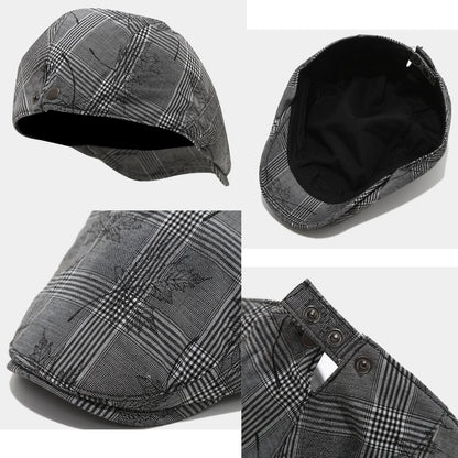 detail plaid flat cap with ivy design, adjustable fit, and a detailed textured checkered pattern, offering a classic and casual style.
