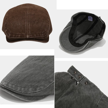 Washed distressed flat cap with adjustable fit for casual wear. Vintage style flat hat perfect for everyday use and adding a touch of personality.