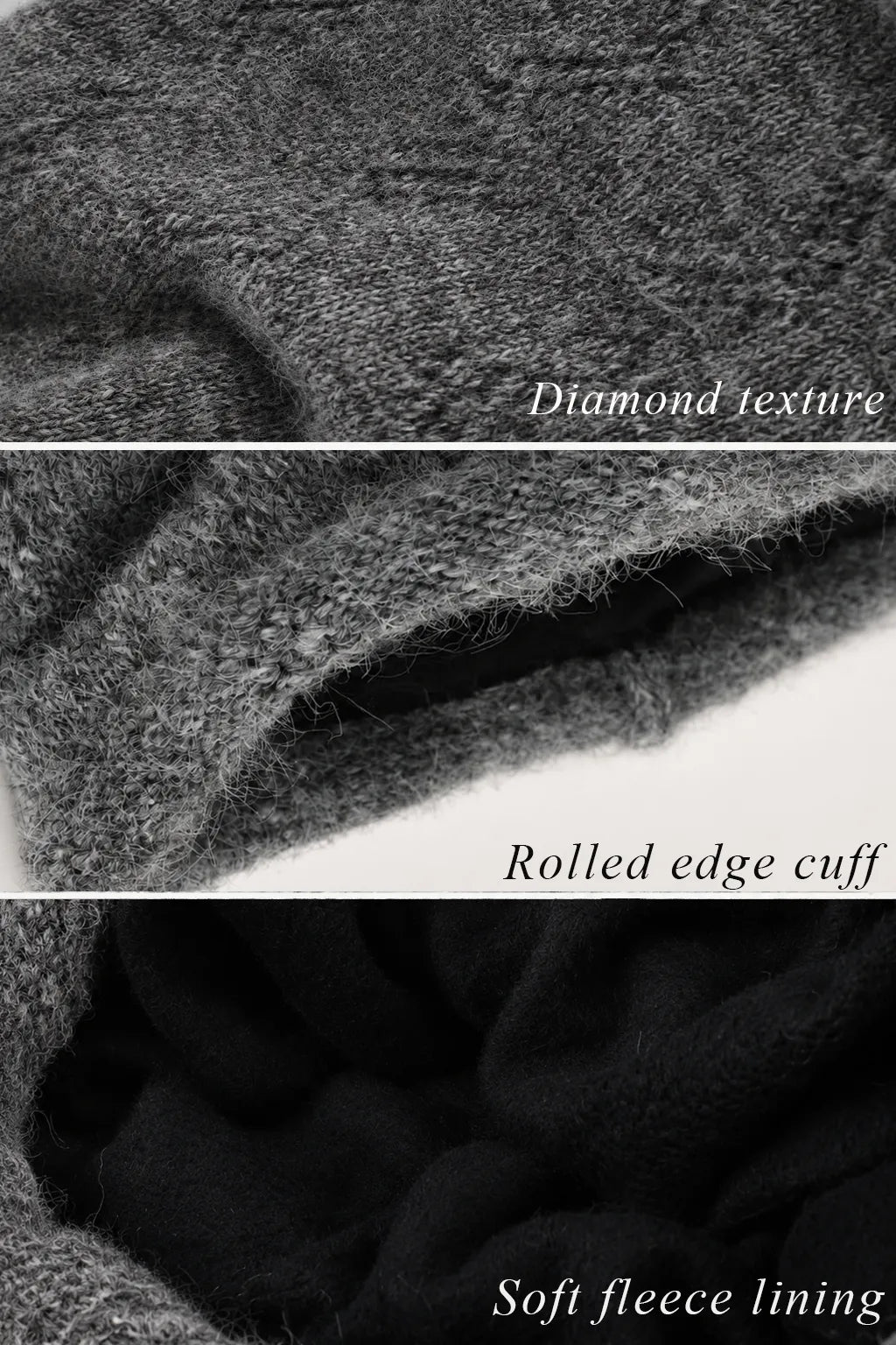 Diamond-knit texture, rolled edge and soft fleece lining details