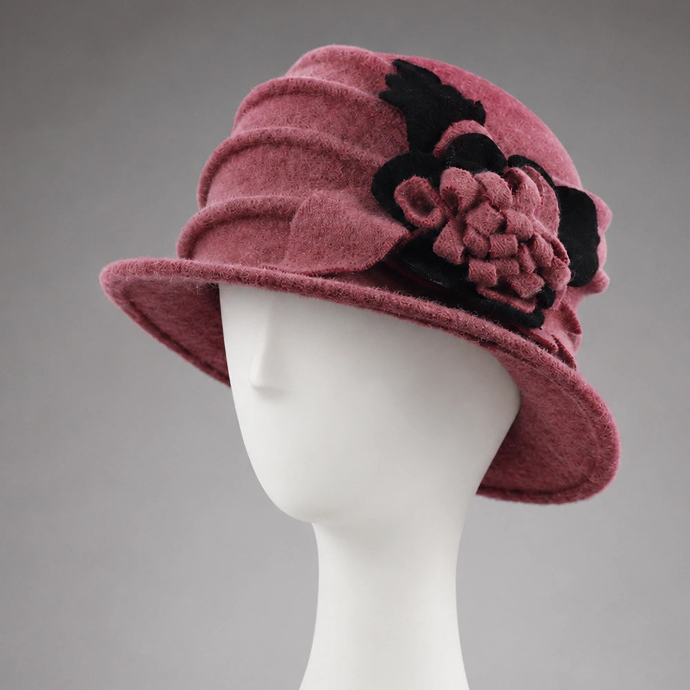 Dusty rose wool felt cloche hat with contrasting black floral detail