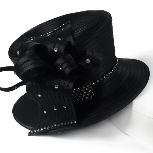 Elegant black church hat with rhinestone bow detail on white turntable, perfect for women’s Sunday service or formal events