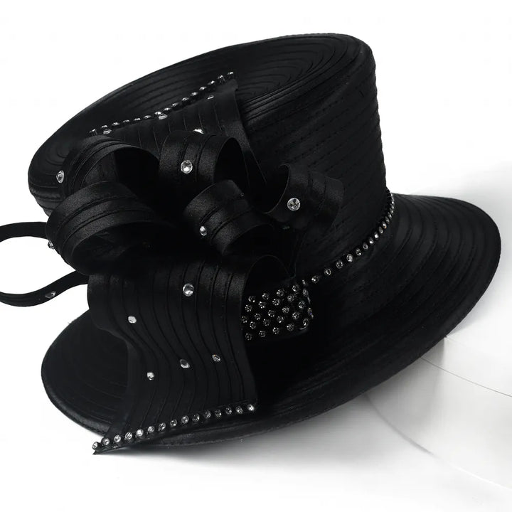 Elegant black church hat with rhinestone bow detail on white turntable, perfect for women’s Sunday service or formal events
