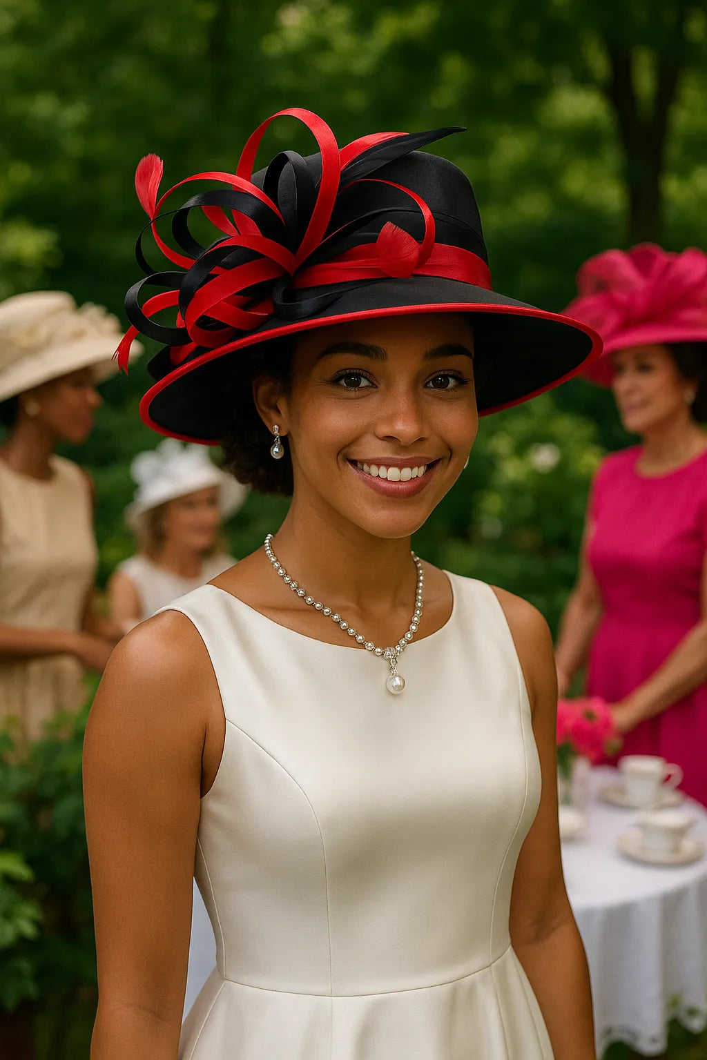 Woman Wearing Elegant Black and Red Church Hat at Derby Party - FORBUSITE