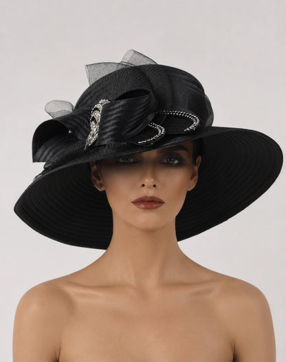 Elegant black Sunday church hat with dramatic wide brim and crystal embellishment, luxury women’s formal fashion accessory
