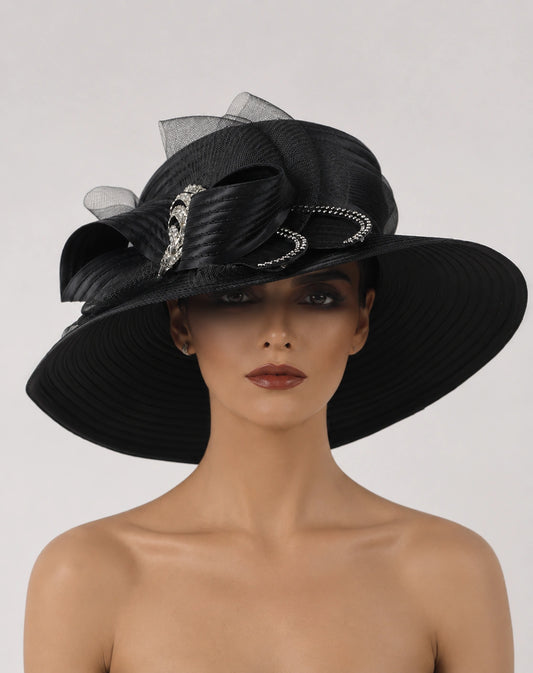 Elegant black Sunday church hat with dramatic wide brim and crystal embellishment, luxury women’s formal fashion accessory