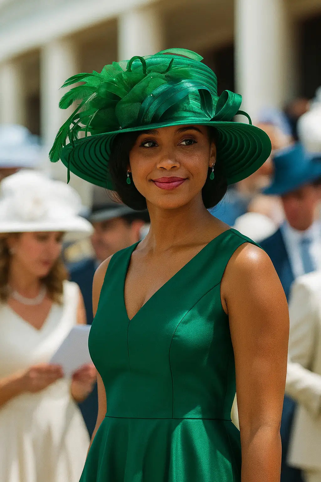  Woman Wearing Elegant Emerald Green Church Hat at Derby Event – FORBUSITE