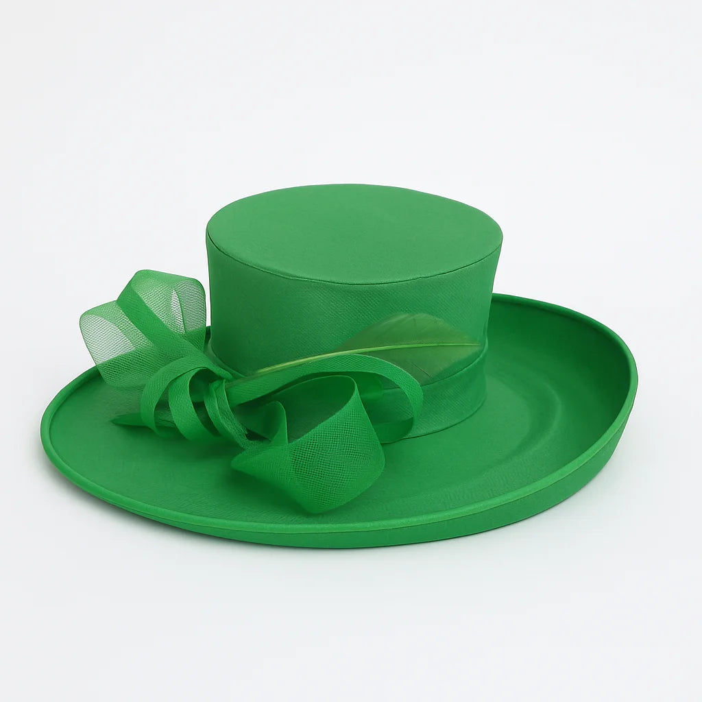Elegant green wide brim church hat with matching organza bow and feather trim – FORBUSITE SD801