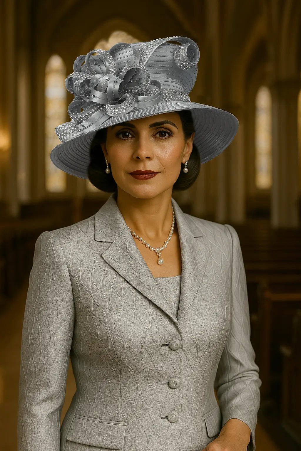 Full top-down view of wide brim silver church hat with rhinestone-trimmed loops, suitable for elegant women over 30.