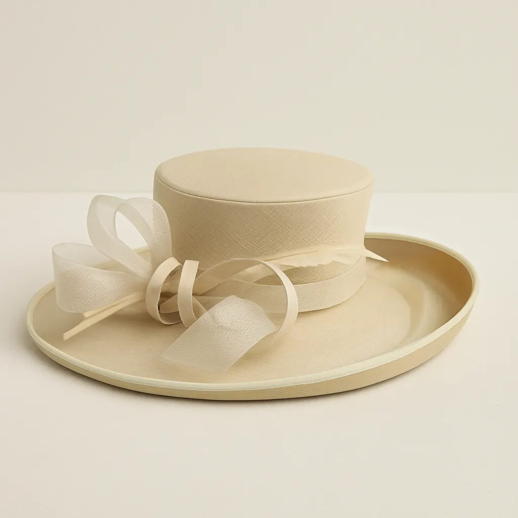 Elegant ivory church hat with wide brim and sinamay bow, perfect for weddings and church events.