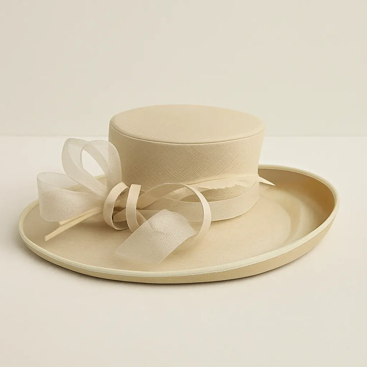 Elegant ivory church hat with wide brim and sinamay bow, perfect for weddings and church events.