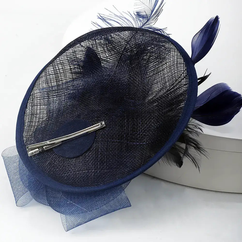 Elegant navy blue fascinator hat with flower and feather details, perfect for weddings, tea parties, and formal events – FORBUSITE