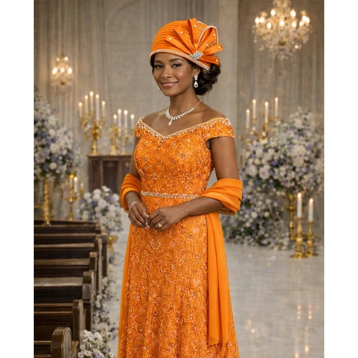 Orange church hat with satin finish and rhinestone details, worn with a luxurious off-shoulder orange embellished dress for a formal wedding or church event.