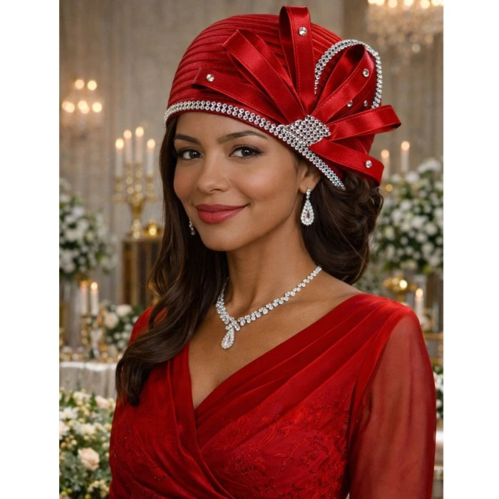 Beautiful red satin church hat with rhinestone decoration and bow, ideal for church services and special occasions.