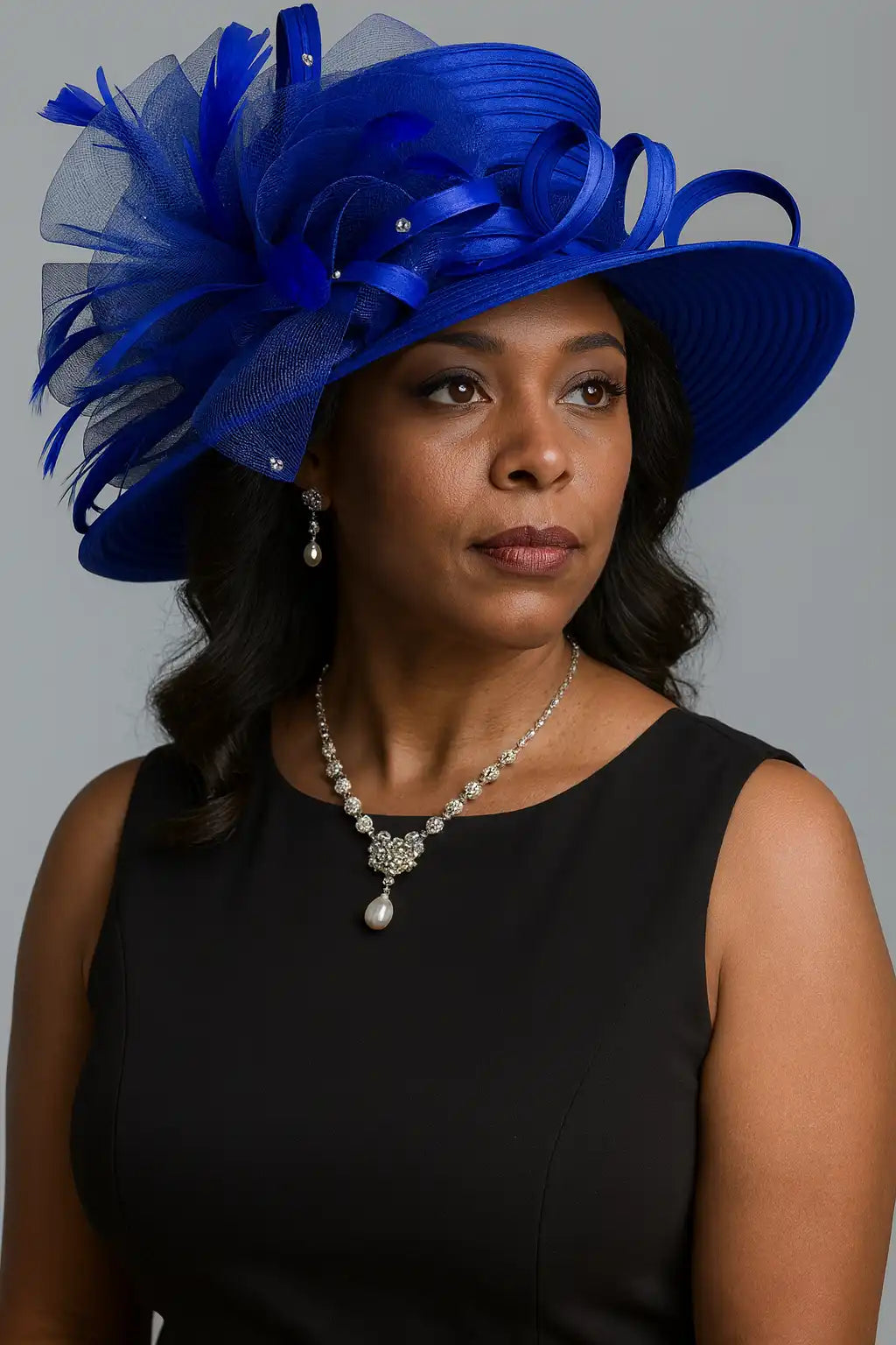 Elegant woman wearing a royal blue church hat with large decorative bow and pearls, styled with a black sleeveless dress and pearl necklace – perfect for church, weddings, or derby events.